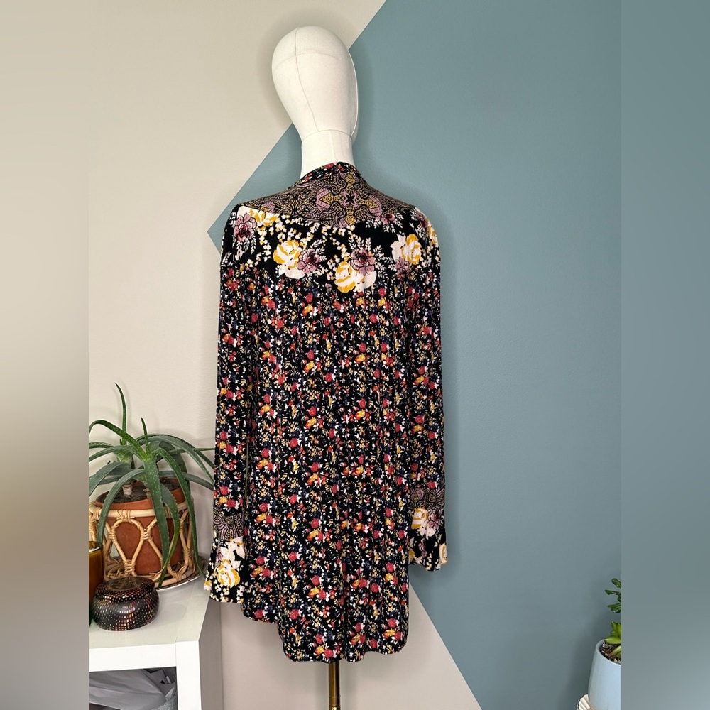 Free People Floral Boho Tunic Dress Black Multicolor Rayon Long Sleeve S/M - Picture 5 of 12